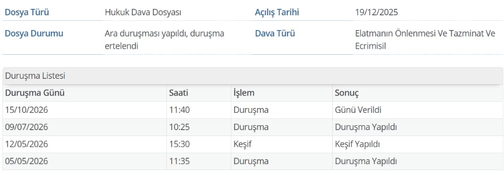 e-Devlet Dava Dosyası Sorgulama - Duruşma Listesi Tablosu ve Saatler